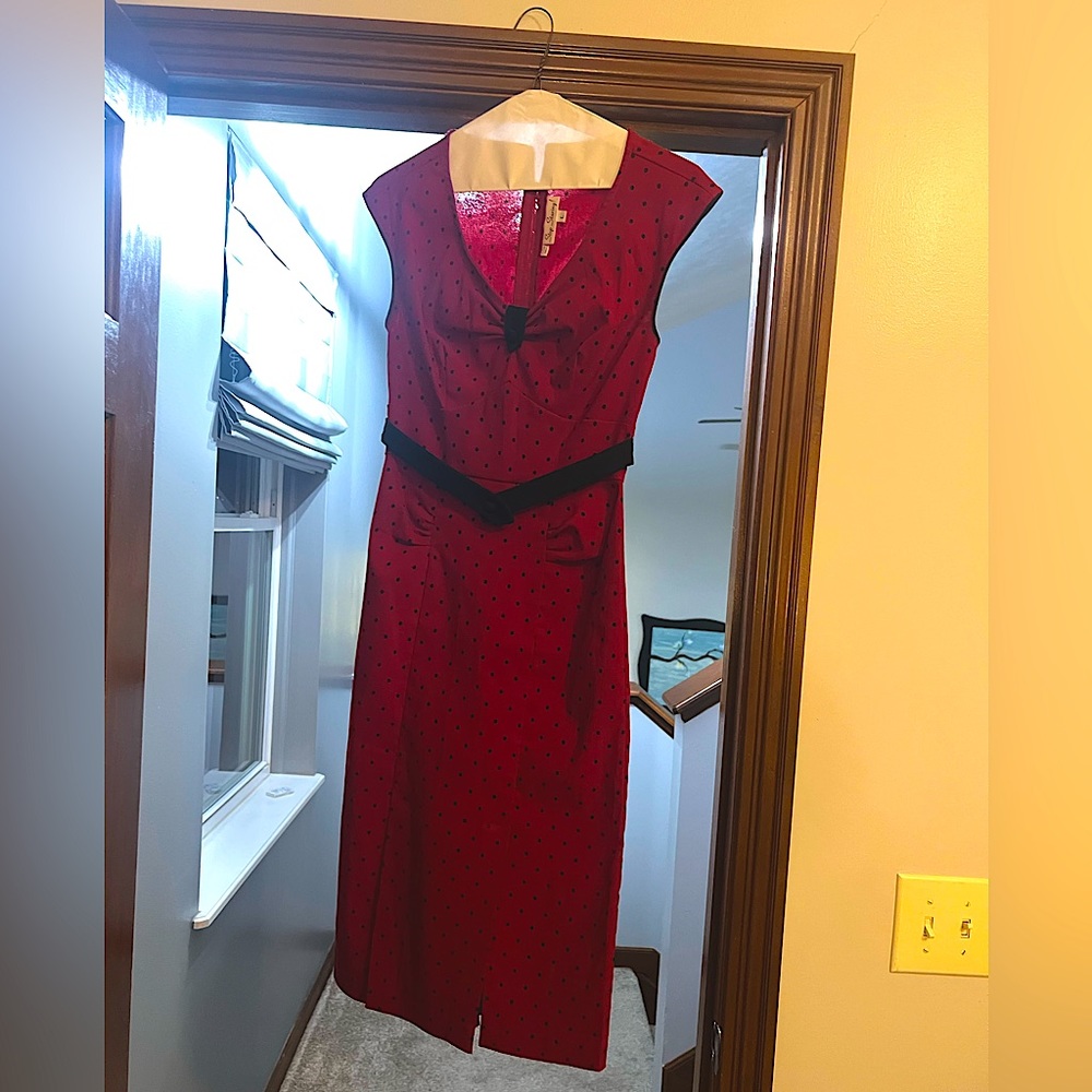 Stop Staring, red-black polka wiggle dress